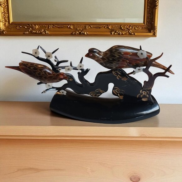 Vintage Asian Horn Bone  Carving – Two Birds on Plum Blossom Branch Circa 1960's - Picture 1 of 15